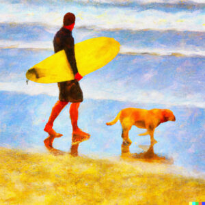 impressionist-painting-of-a-male-surfer-walking-down-the-beach-with-a-surfboard-under-is-arm-and-a-yellow-lab-dog-walking-beside-him