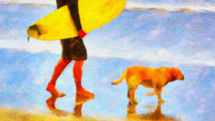 impressionist-painting-of-a-male-surfer-walking-down-the-beach-with-a-surfboard-under-is-arm-and-a-yellow-lab-dog-walking-beside-him