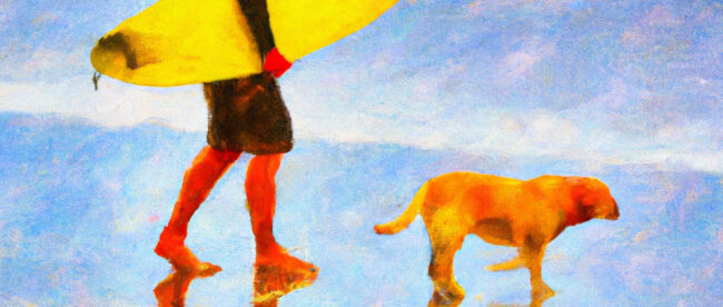 impressionist-painting-of-a-male-surfer-walking-down-the-beach-with-a-surfboard-under-is-arm-and-a-yellow-lab-dog-walking-beside-him